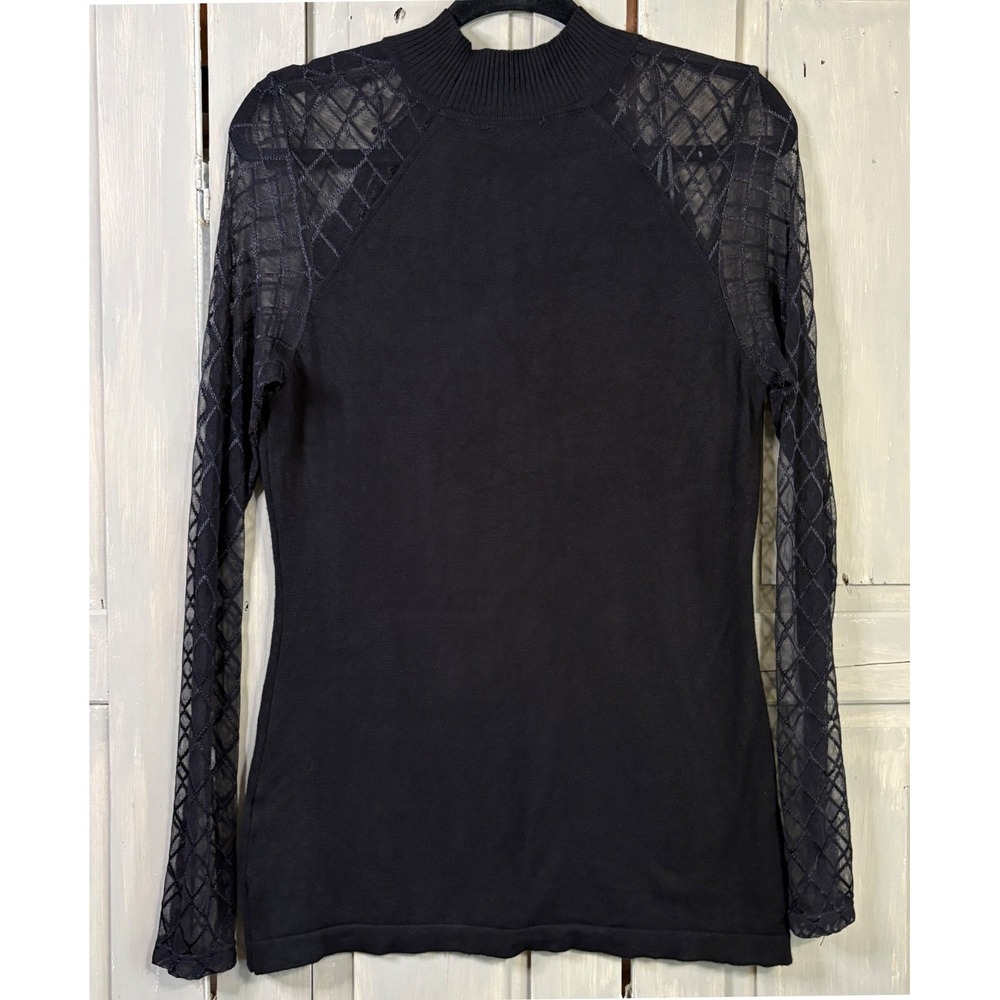 Elegant Venus Black Mock Neck Top Sheer Mesh Diamond Lattice Sleeve Large Noir - Picture 3 of 7